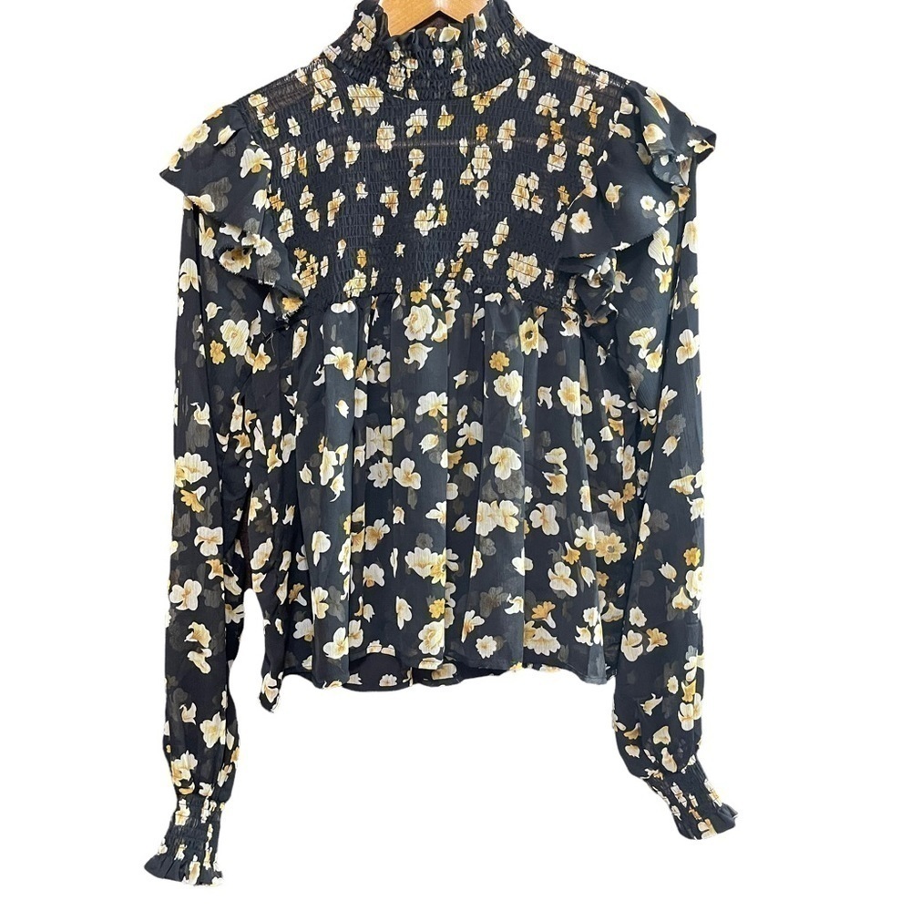 OPT Blouse Prairie Sheer Ruffle Trim Black Yellow Floral Cottagecore Size Small